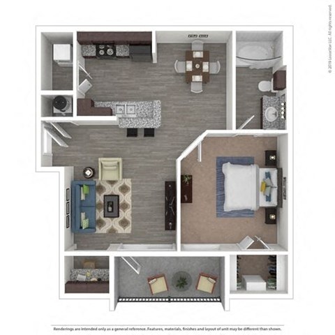 Floor plan for 1 bed, 1 bath, 687 sqft